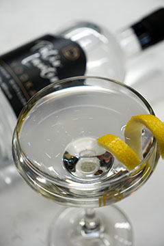 A picture of a martini with a lemon twist and a bottle of Patio Lanterns Vodka from Durham Distillery in Ajax, Ontario.