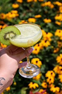 Green kiwi drink in a coupe cocktail glass showcasing stylish glassware